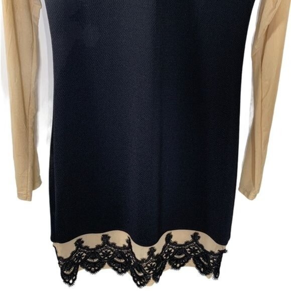 Cisa Black Tan Long Sleeve Mesh Lace Hem Sheath Dress Size M - Picture 3 of 11